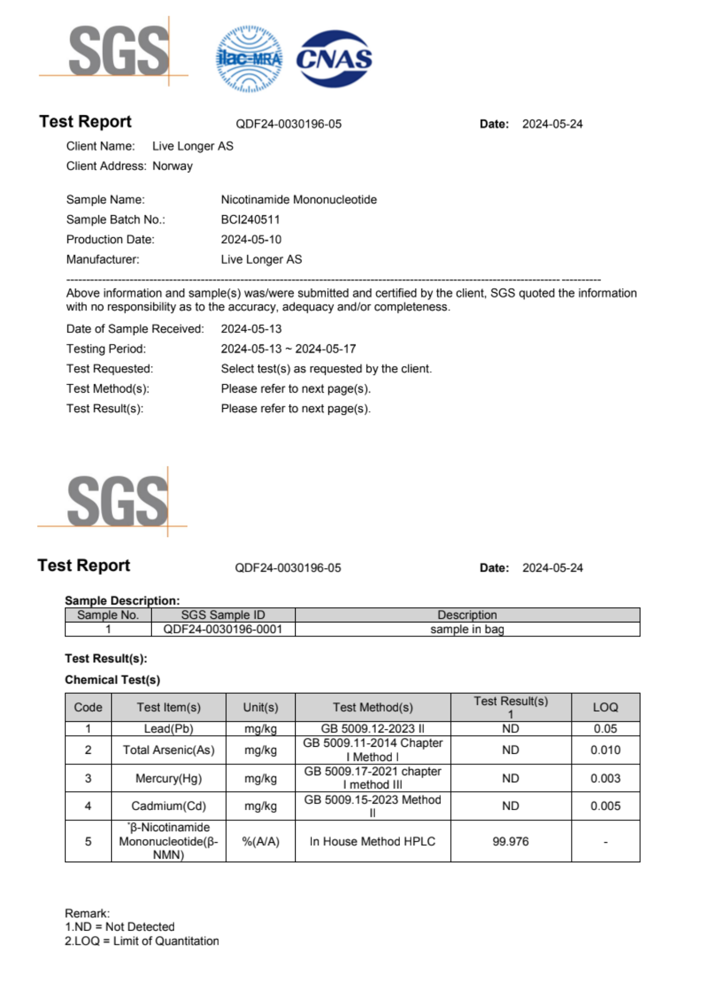 Live Longer NMN Analysesertifikat - Kapsler