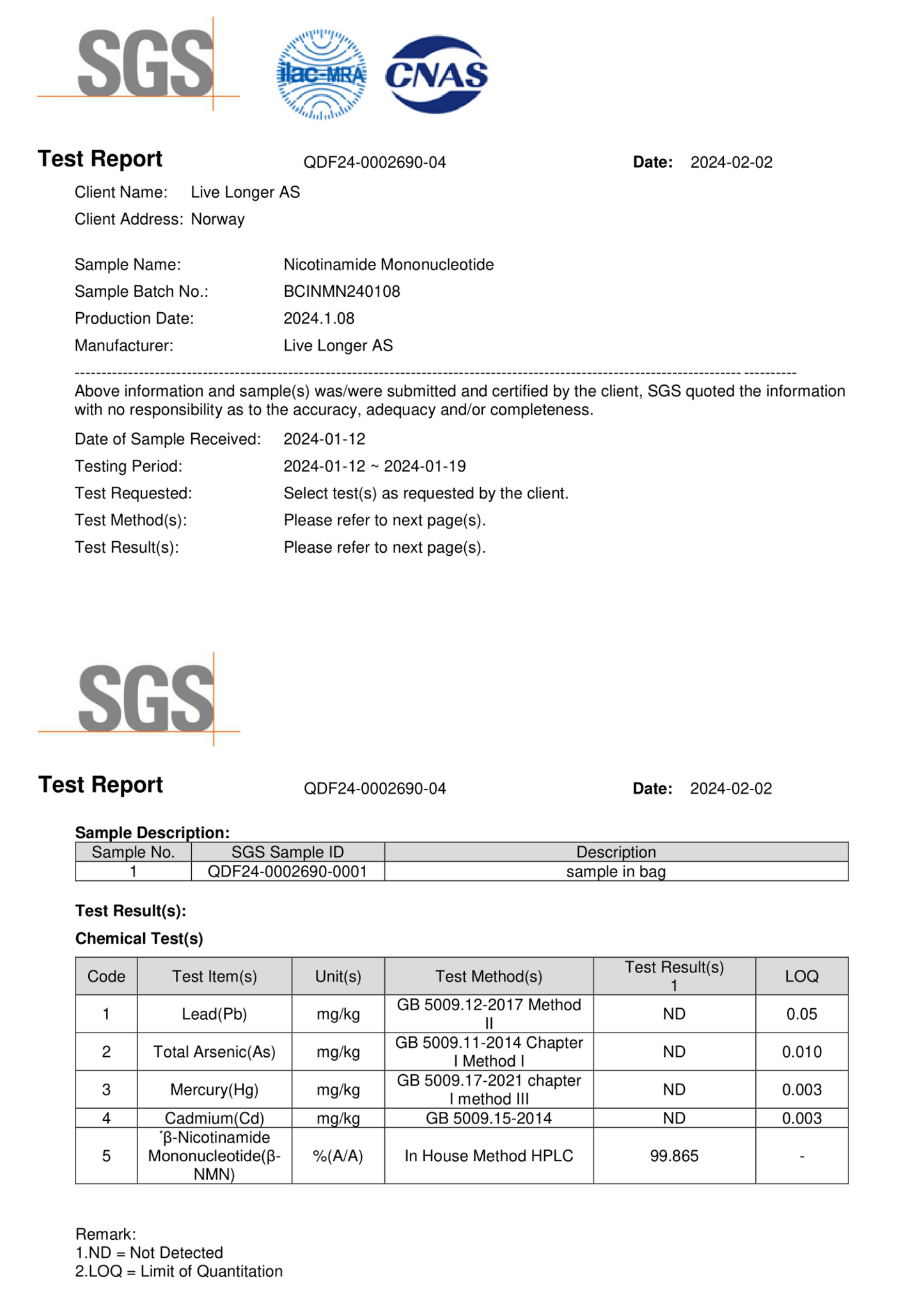 Live Longer Analysesertifikat NMN - 100g