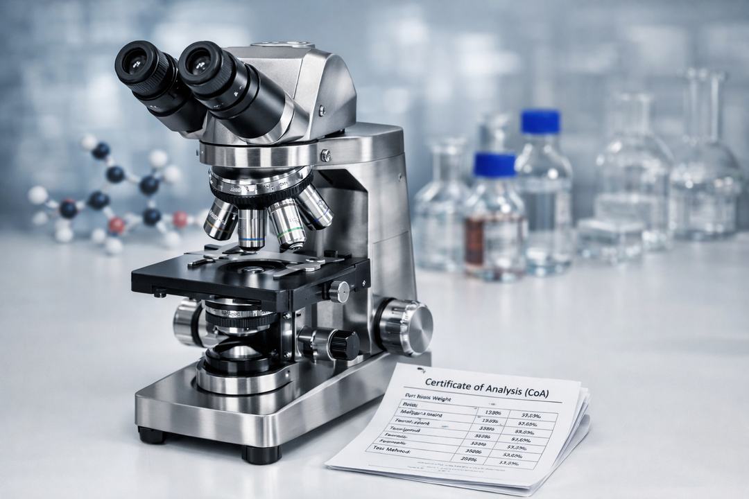 Et nærbilde av et avansert binokulært forskningsmikroskop i rustfritt stål, plassert på en ren, hvit laboratoriebenk. Ved siden av mikroskopet ligger et pent brettet analysesertifikat (CoA) med tekniske data. Bakgrunnen er svakt uskarp (bokeh), men man kan skimte en kjemisk strukturmodell av et komplekst molekyl og glassflasker med reagenser.