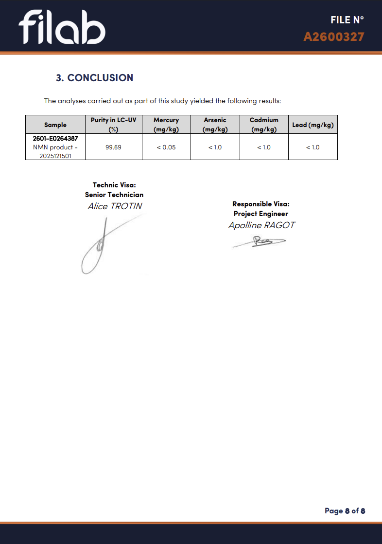 Analysesertifikat - Filab x Live Longer - NMN resultat