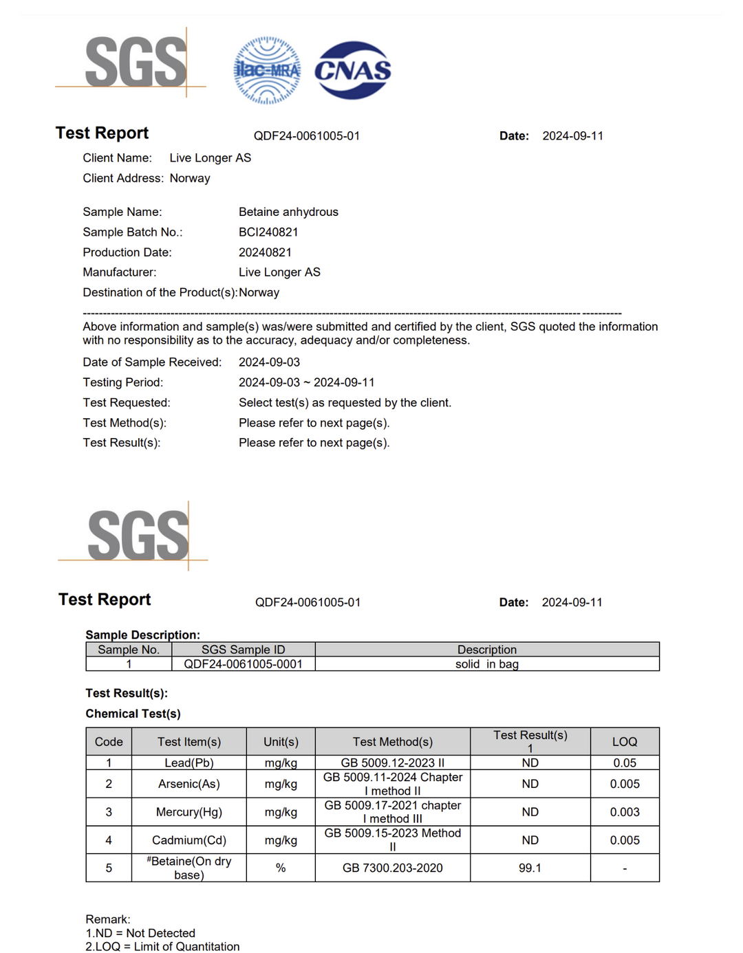 TMG Betain 100g - Live Longer Analyse